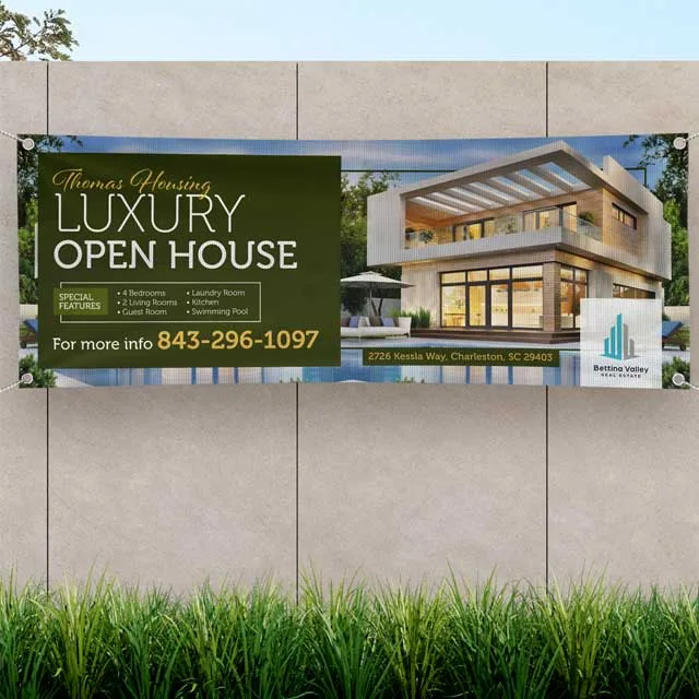 Pancarta publicitaria para open house inmobiliario – diseño elegante y profesional Pancarta impresa a gran formato con diseño elegante para promoción de evento inmobiliario tipo open house